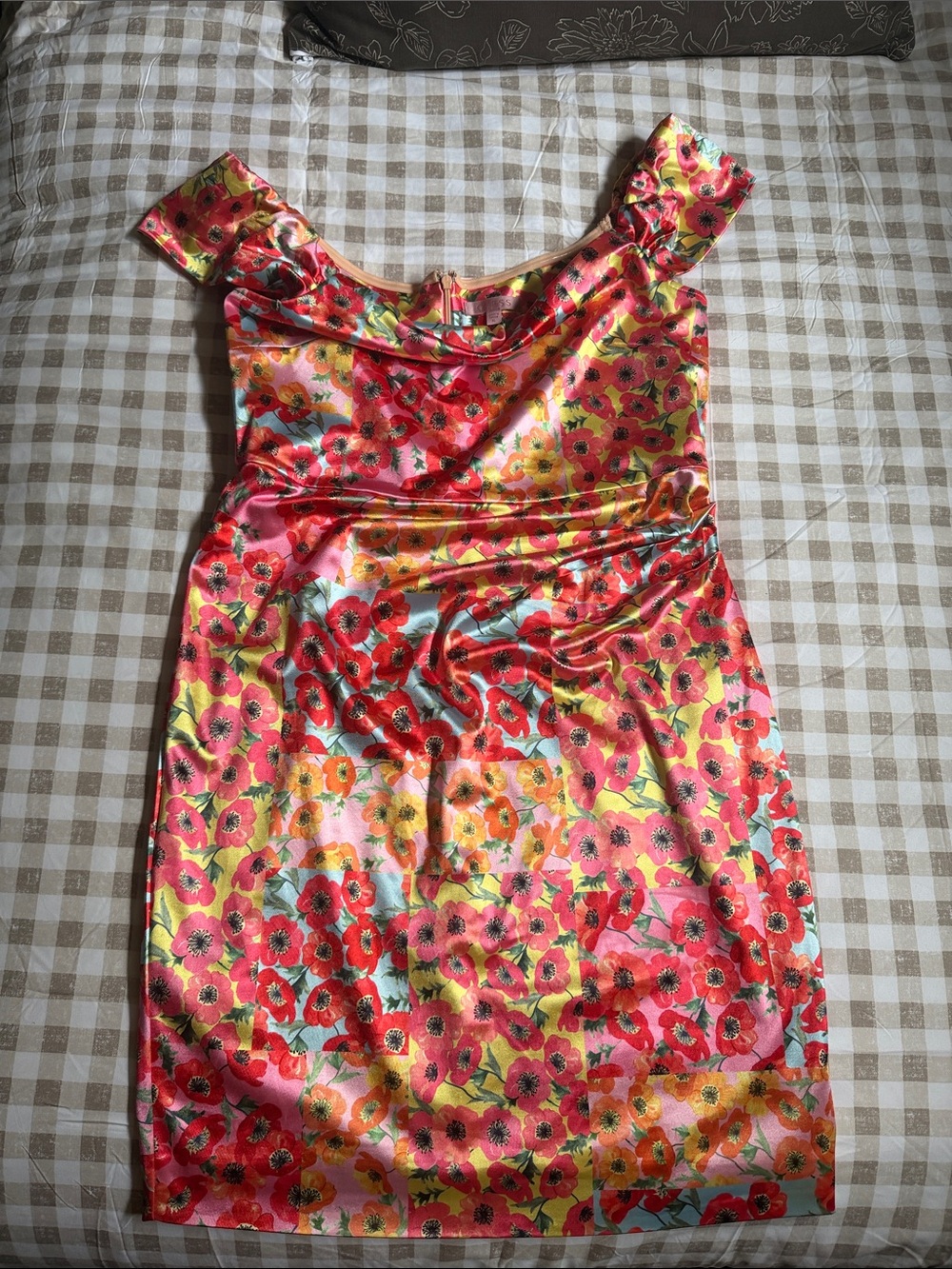 Guess Floral Satin Pink Red Yellow Sheath Dress